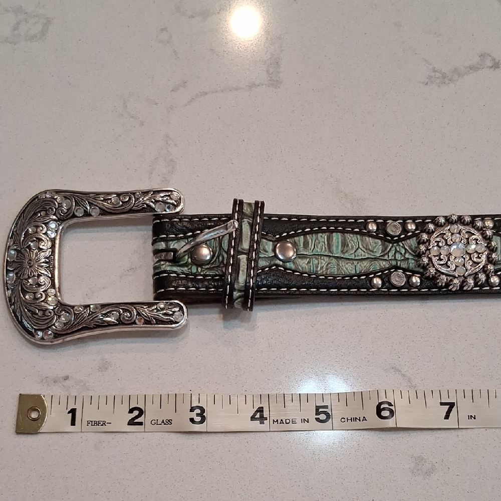 Ariat Silver and Green Western Belt with Intricate Buckle. - Picture 3 of 3